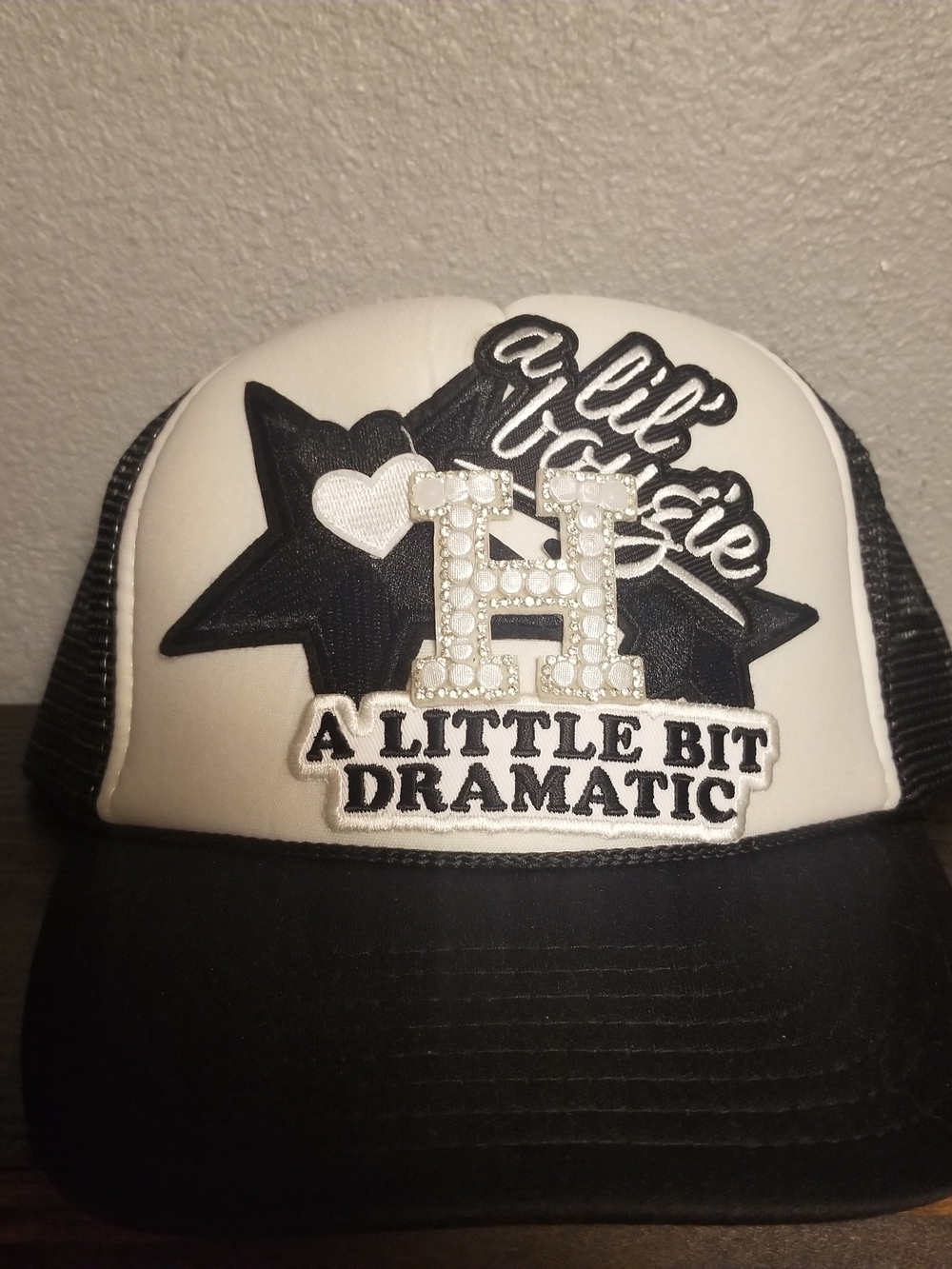 Bougie Black And WHITE Dramatic Embellished Trucker Hat - with Pearl Initial